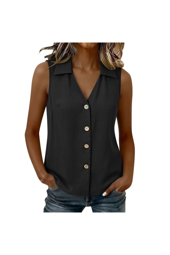 Women's Lightweight Sleeveless Collared Blouse, Button-Front V-Neck Casual Summer Tank Top