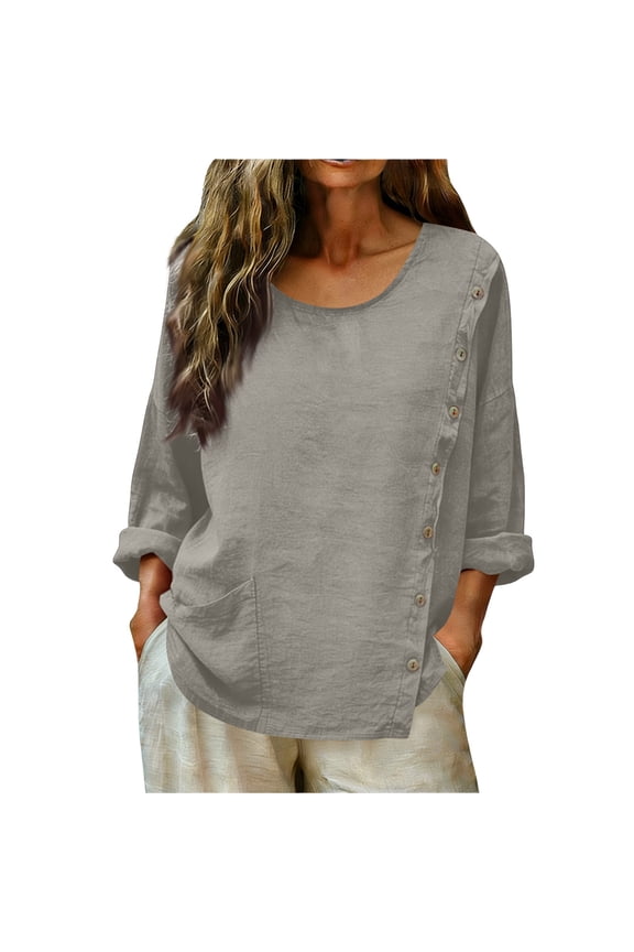Women's Linen Blend Asymmetrical Button Detail Top Casual Solid Color Long Sleeve Shirt