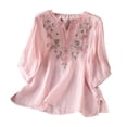 thumbnail image 1 of Perfectbot Women's Linen Blend Blouse 3/4 Sleeve Notch Neck Boho Floral Embroidery Loose Top for Vacation Work, 1 of 8