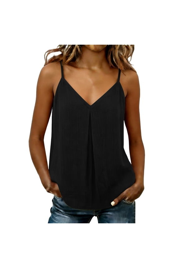 Women's Linen Blend V Neck Cami Tank Top Sleeveless Pleated Front Summer Blouse Flowy Casual Top