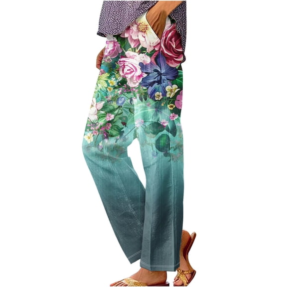 Perfectbot Women's Linen Floral Print Pants Straight Leg Boho Baggy Loose Spring Summer Trousers