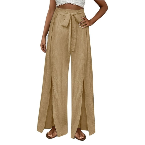 Perfectbot Women's Linen Wide Leg Pants, Front Slit Elastic Waist Flowy Lounge & Casual Trousers