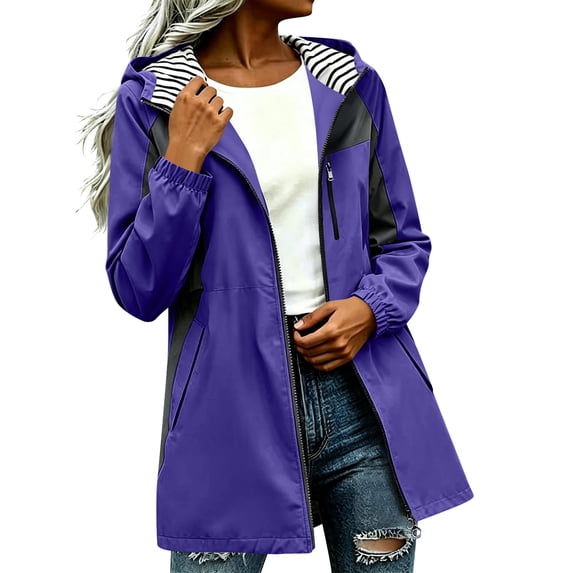 Perfectbot Women's Long Hooded Raincoat Color Block Full Zip Waterproof Windbreaker Jacket with Pockets