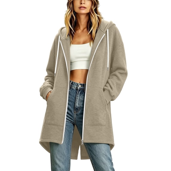 Perfectbot Women's Long Hoodie Full Zip Drawstring with Pockets Back Split Oversized Sweatshirt
