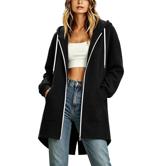 Perfectbot Women's Long Hoodie Full Zip Drawstring with Pockets Back Split Oversized Sweatshirt