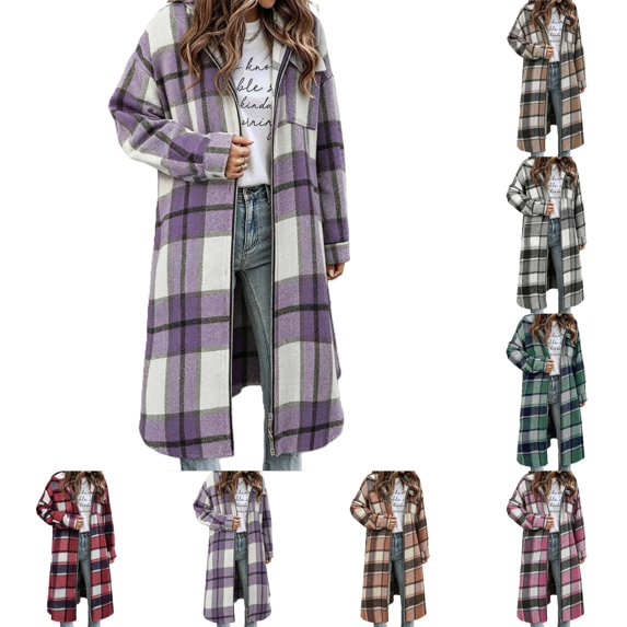 Perfectbot Women's Long Plaid Flannel Jacket, Two Way Zipper Lapel Collar with Pocket and Adjustable Cuffs