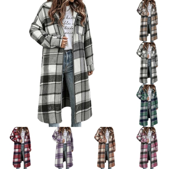 Perfectbot Women's Long Plaid Flannel Jacket, Two Way Zipper Lapel Collar with Pocket and Adjustable Cuffs