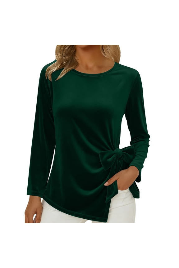 Women's Long Sleeve Bow Decor Top, Crew Neck Tunic Side Slit Soft Flowy Blouse