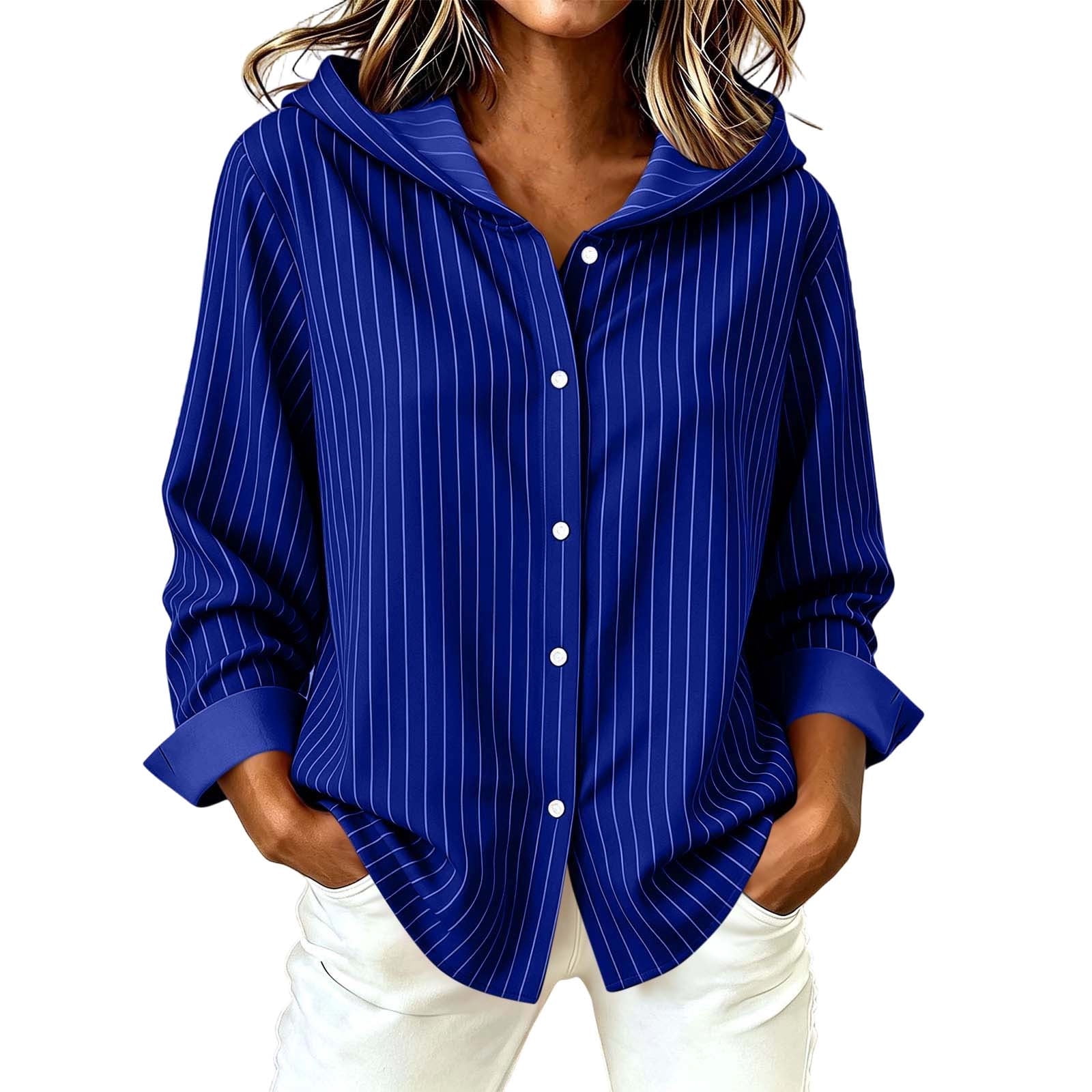 Perfect Button Down Perfectbot Women's Long Sleeve Hooded Shirt, Button Down Striped Loose ...