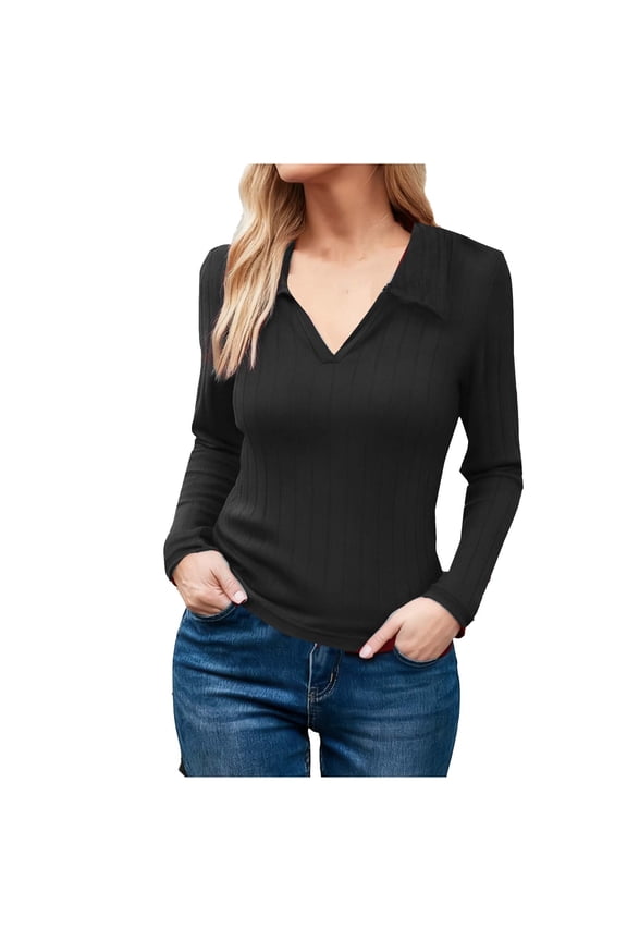 Women's Long Sleeve Lapel V Neck Shirt - Slim Fitted Business Casual Collared Work Top