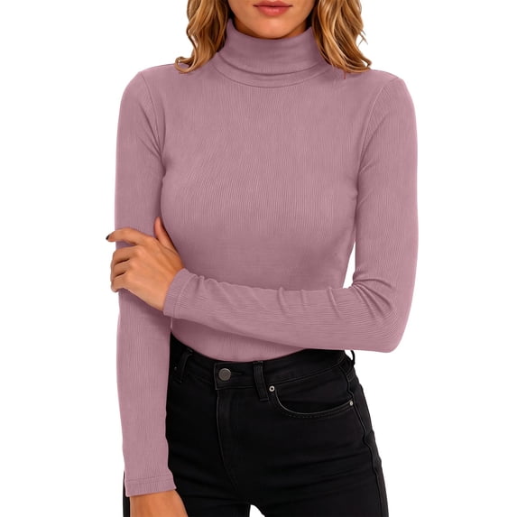 Perfectbot Women's Long Sleeve Tee Turtleneck Ribbed Knit Stretchable Top Fitted Basic Layering Shirt