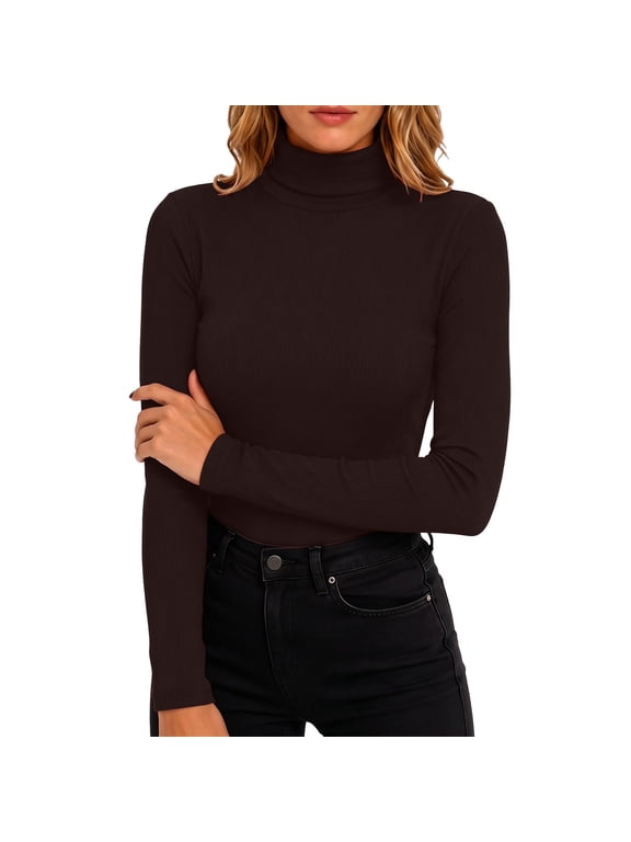 Women's Long Sleeve Tee Turtleneck Ribbed Knit Stretchable Top Fitted Basic Layering Shirt