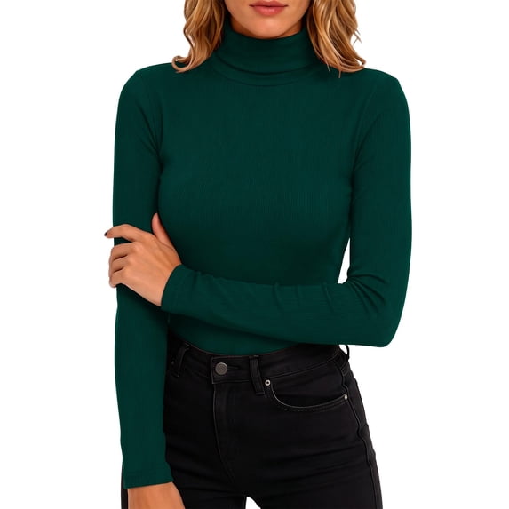 Perfectbot Women's Long Sleeve Tee Turtleneck Ribbed Knit Stretchable Top Fitted Basic Layering Shirt