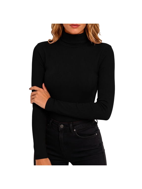 Women's Long Sleeve Tee Turtleneck Ribbed Knit Stretchable Top Fitted Basic Layering Shirt