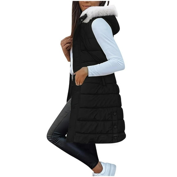 Perfectbot Women's Long Vest - Quilted Sleeveless Warm Winter Coat With Detachable Hood & Faux Fur Trim