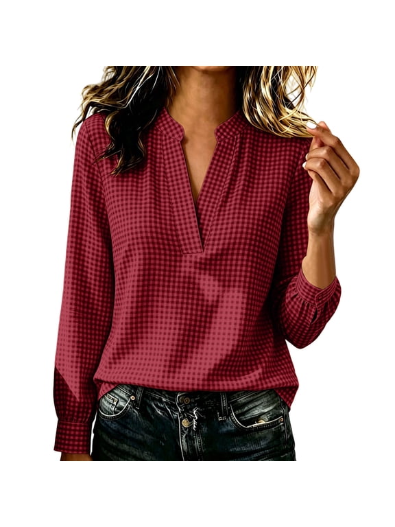 Women's Mandarin Collar V Neck Blouse, Long Sleeve Gingham Plaid Shirt, Casual Split Neck Office Work Top