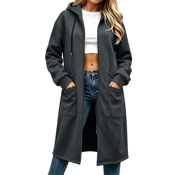 Perfectbot Women's Maxi Hooded Sweatshirt Coat, Oversized Side Slits Full Zip Jacket Fall Casual Outerwear