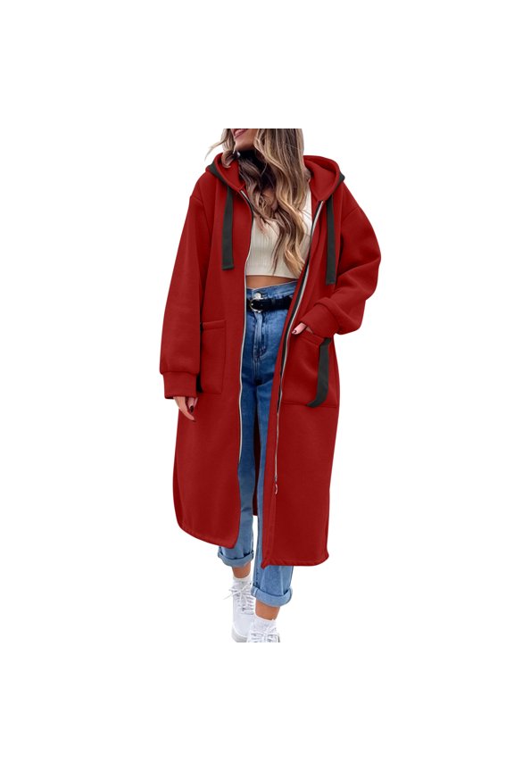 Women's Maxi Length Zip Up Hooded Duster Coat, Oversized Long Jacket with Contrast Black Drawstrings