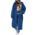 thumbnail image 1 of Perfectbot Women's Maxi Length Zip Up Hooded Duster Coat, Oversized Long Jacket with Contrast Black Drawstrings, 1 of 8