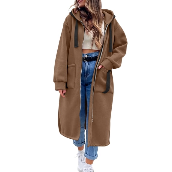 Perfectbot Women's Maxi Length Zip Up Hooded Duster Coat, Oversized Long Jacket with Contrast Black Drawstrings
