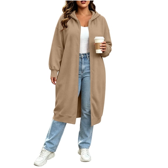Perfectbot Women's Mid-Length Hooded Sweatshirt, Zip Up Oversized Outerwear with Pockets for Fall Going Out