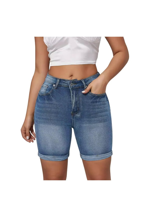 Women's Mid-Rise Jean Shorts, Stretchy Roll Cuff Denim Bermuda Shorts for Spring Summer