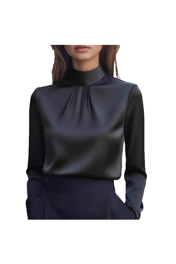 Women's Mock Neck Blouse with Pleated Front, Long Sleeve Dressy Casual Top for Office and Fall Wear