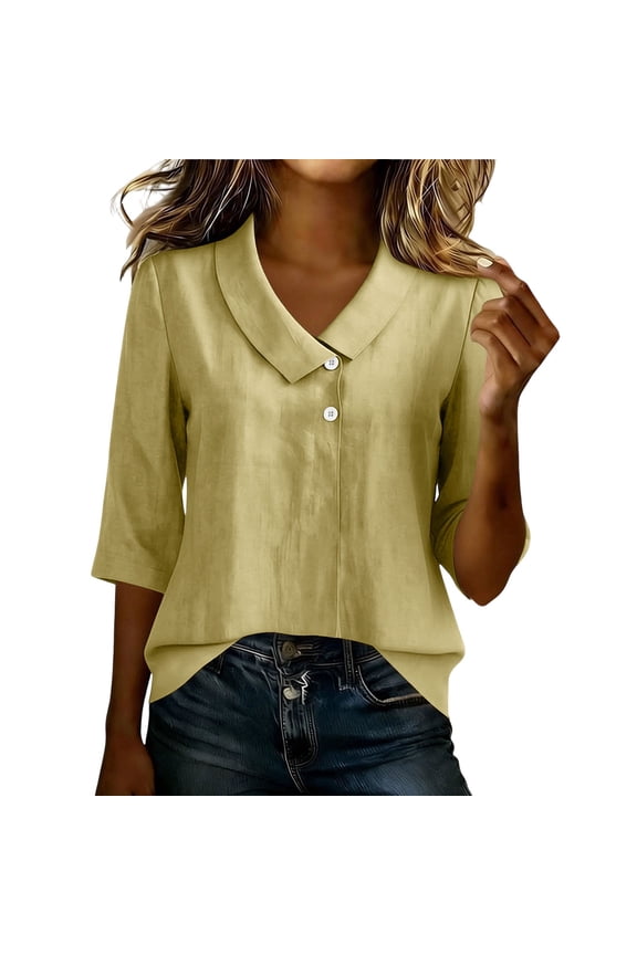 Women’s Notched Collar V-Neck Blouse 3/4 Sleeve Linen Cotton Casual Shirt with Decorative Buttons