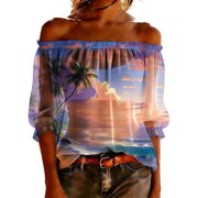 Perfectbot Women's Off Shoulder Chiffon Blouse Print 3/4 Sleeve Ruffle Hem Sheer Summer Top Beach Casual Shirt