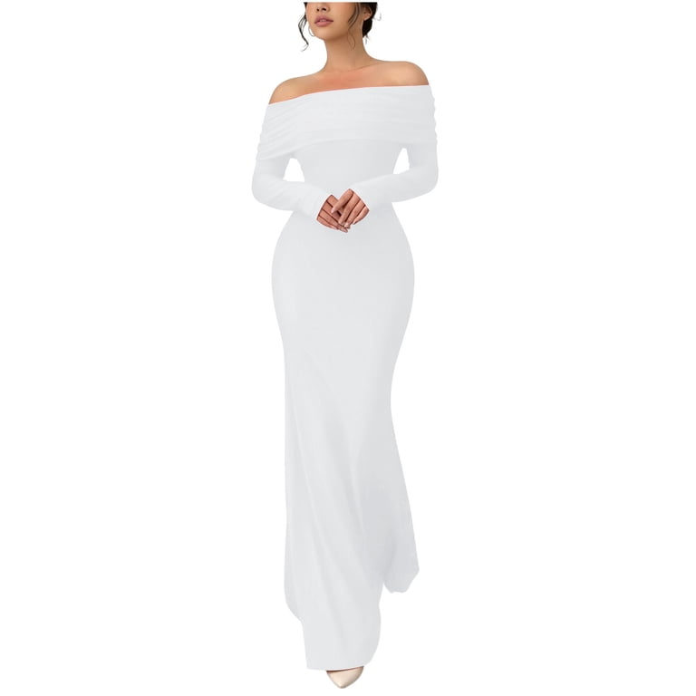 Perfectbot Women's Off-The-Shoulder Bodycon Maxi Dress, Long Sleeve Ruched  Formal Wedding Guest Party Dress - Walmart.com