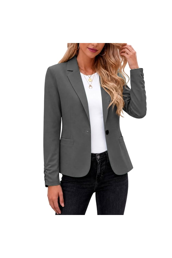 Women's One Button Blazer Jacket Notched Lapel with Pockets Ruched Cuffs Business Casual Suit