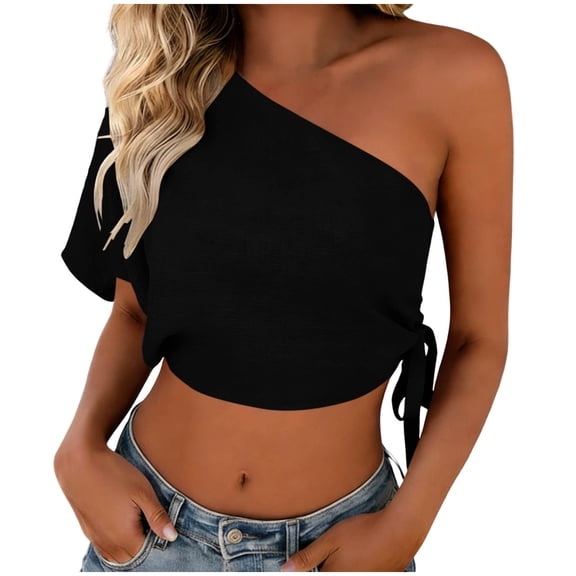 Perfectbot Women's One Shoulder Tie Side Crop Top Asymmetrical Short Sleeve Summer Trendy Backless Top