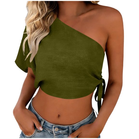 Perfectbot Women's One Shoulder Tie Side Crop Top Asymmetrical Short Sleeve Summer Trendy Backless Top