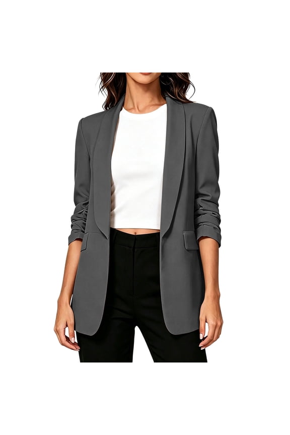 Women's Open Front Blazer, 3/4 Ruched Sleeve Casual Work Jacket with Flap Pockets and Shawl Collar