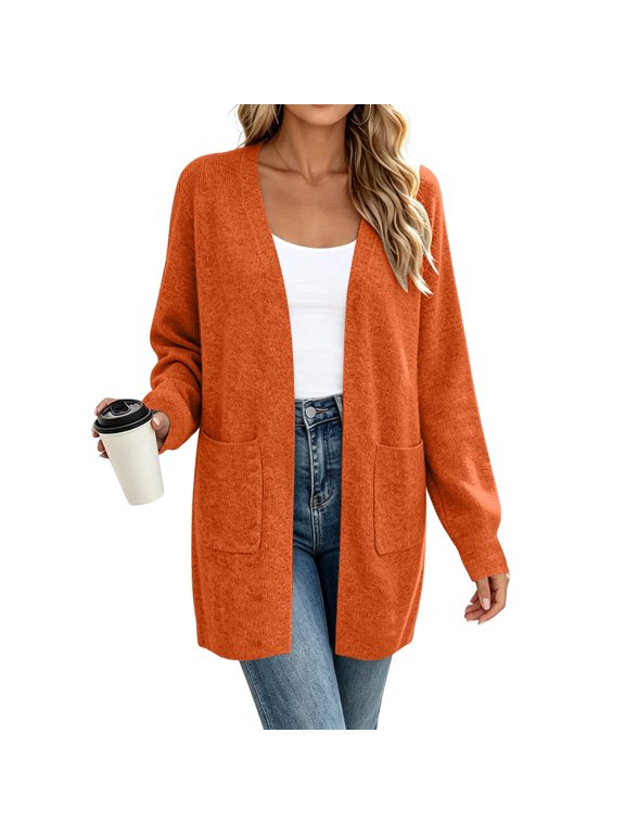 Women's Open Front Cardigan Sweater Knit Patch Pockets Mid-Length Long Sleeve Soft Outerwear