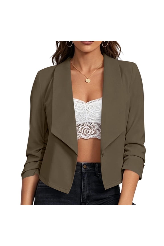 Women's Open Front Cropped Blazer 3/4 Ruched Sleeves Draped Lapel Casual Short Suit Jacket