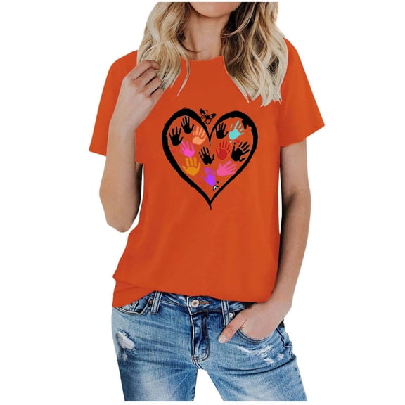 Perfectbot Women's Orange Short Sleeve T-Shirt, Round Neck Funny Print Tunic Tops, Sizes S-3XL