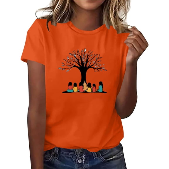 Perfectbot Women's Orange Short Sleeve T-Shirt, Round Neck Funny Print Tunic Tops, Sizes S-3XL
