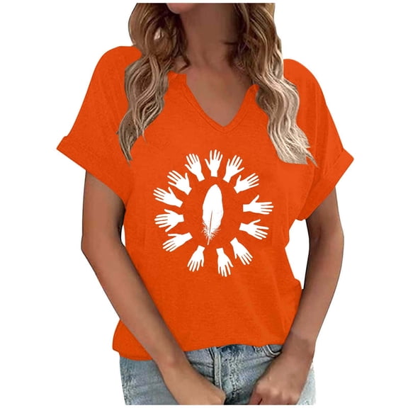 Perfectbot Women's Orange Short Sleeve T-Shirt, Round Neck Funny Print Tunic Tops, Sizes S-3XL