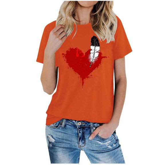 Perfectbot Women's Orange Short Sleeve T-Shirt, Round Neck Funny Print Tunic Tops, Sizes S-3XL