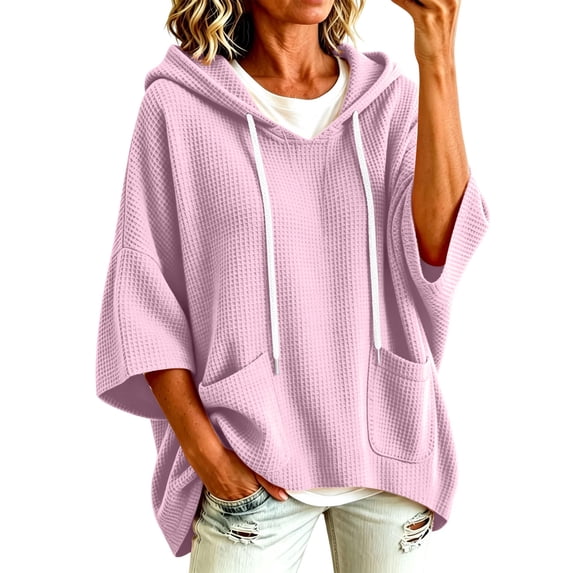 Perfectbot Women's Oversized Half Sleeve Hoodie Soft Waffle Knit V Neck Pullover Top with Pockets