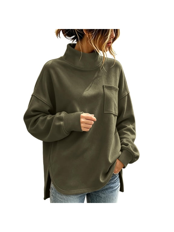 Women's Oversized Mock Neck Sweatshirt Long Sleeve Pullover Drop Shoulder Slit Curved Hem Tunic Top