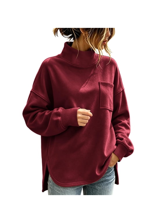 Women's Oversized Mock Neck Sweatshirt Long Sleeve Pullover Drop Shoulder Slit Curved Hem Tunic Top