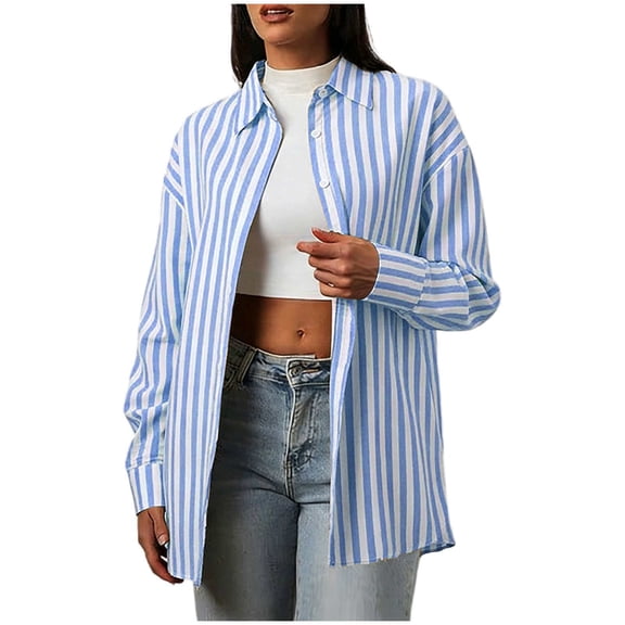 Perfectbot Women's Oversized Striped Button Down Shirts Long Sleeve Work Casual Blouses Spring Outerwear