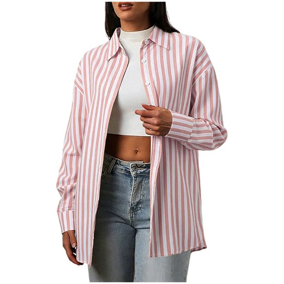 Perfectbot Women's Oversized Striped Button Down Shirts Long Sleeve Work Casual Blouses Spring Outerwear