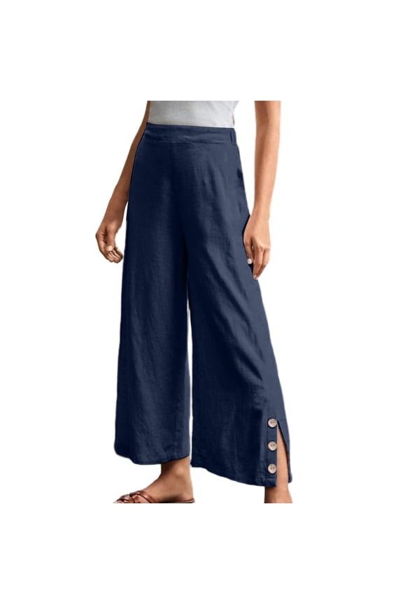 Women's Palazzo Pants Wide Leg with Button Split Hem Casual Vacation Trousers Cotton Blend