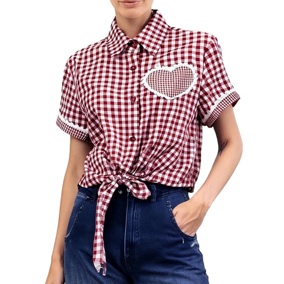 Perfectbot Women's Plaid Button Down Blouse, Short Sleeve Collar Twist Front Shirt for Casual Vacation