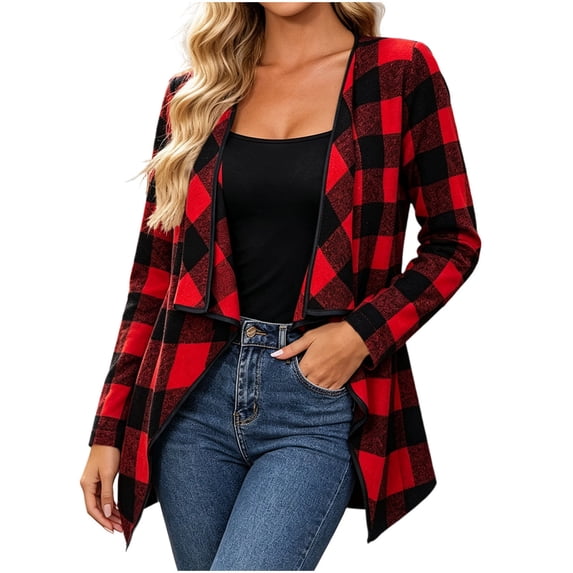 Perfectbot Women's Plaid Cardigan Open Front Long Sleeve Gingham Check Soft Knit Sweater Loose Fit Outerwear