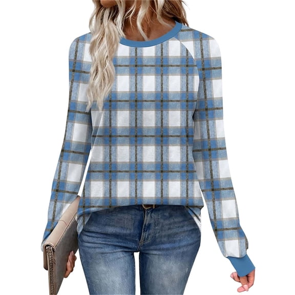 Perfectbot Women's Plaid Crewneck Blouse - Long Sleeve Sweatshirt Lightweight Casual Fall Top