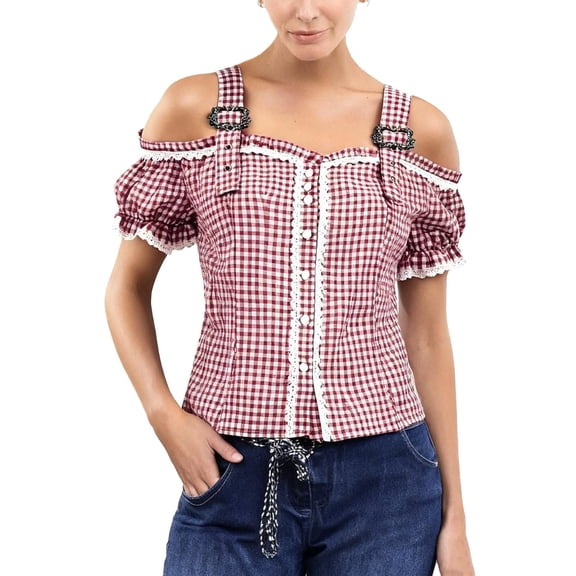 Perfectbot Women's Plaid Print Blouse, Puff Short Sleeve Off Shoulder Top with Adjustable Strap